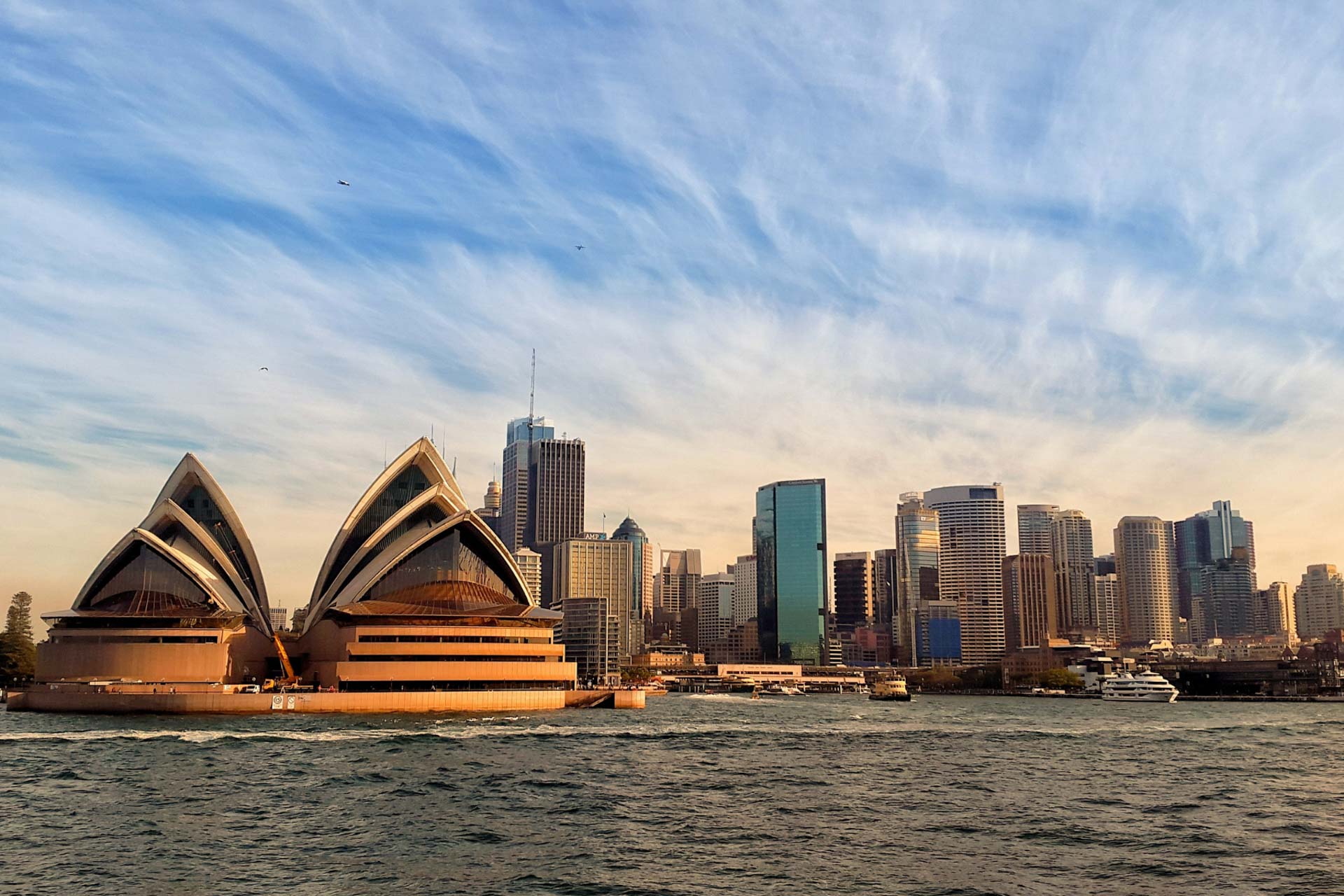 Sydney Opera House and city skyline seen from water.