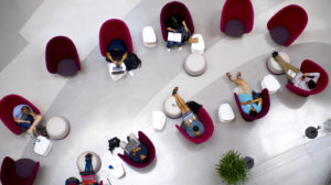 Aerial view of students studying