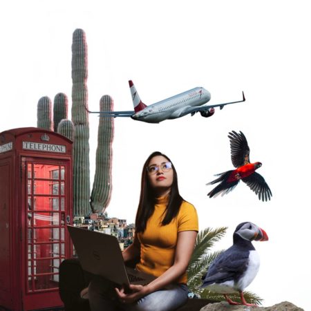 Image collage with woman sitting next to various animals and landmarks.